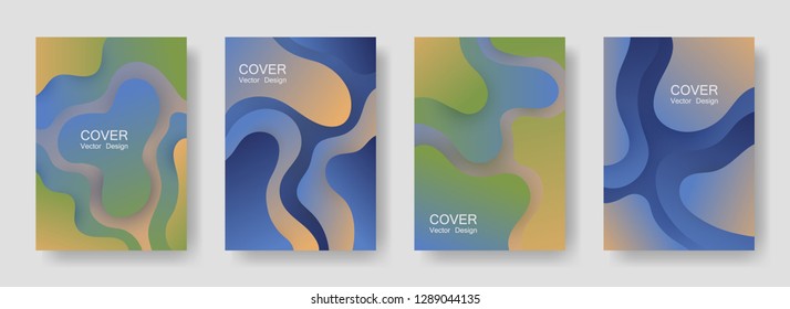 Gradient fluid shapes abstract covers vector collection. Modern magazine backgrounds design. Flux paper cut effect blob elements backdrop, fluid wavy shapes texture print. Cover pages.