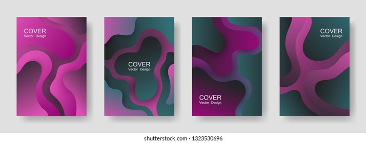 Gradient fluid shapes abstract covers vector set. 3d poster backgrounds design. Organic bubble fluid splash shapes, oil drop molecular mixture concept pattern. Cover pages.