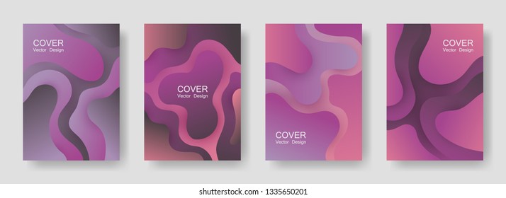 Gradient fluid shapes abstract covers vector collection. Hipster folder backgrounds design. Flux paper cut effect blob elements pattern, fluid wavy shapes texture print. Cover layouts.