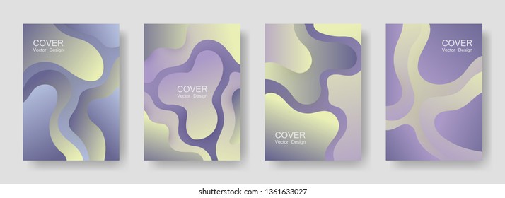 Gradient fluid shapes abstract covers vector set. Colorful folder backgrounds design. Flux paper cut effect blob elements backdrop, fluid wavy shapes texture print. Cover layouts.