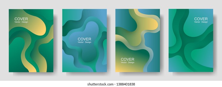 Gradient fluid shapes abstract covers vector set. 3d magazine backgrounds design. Flux paper cut effect blob elements pattern, fluid wavy shapes texture print. Cover pages.