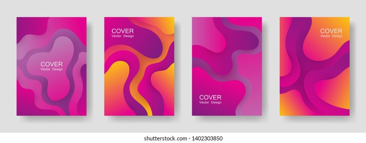 Gradient fluid shapes abstract covers vector collection. Hipster magazine backgrounds design. Flux paper cut effect blob elements pattern, fluid wavy shapes texture print. Cover templates.