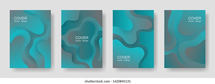 Gradient fluid shapes abstract covers vector set. Hipster magazine backgrounds design. Flux paper cut effect blob elements pattern, fluid wavy shapes texture print. Cover templates.