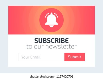 Gradient form background with the bell ring simple icon. Vector Illustration. UI UX Design with Text Box and Subscribe Button Template. Colorful with liquid shapes abstract background. Gradient color