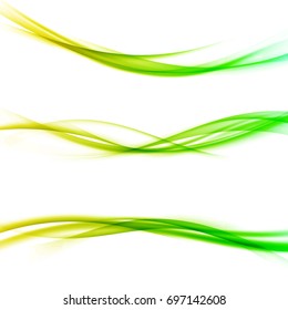 Gradient fresh energy header lines collection. Three minimalistic bright elegant smooth smoke dividers. Yellow to green swoosh wave border set. Vector illustration