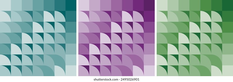 Gradient Geometric Patterns: A trio of designs featuring overlapping semicircles in teal, purple, and green gradients. Perfect for modern art, textiles, and decor, offering a fresh and contemporary ae