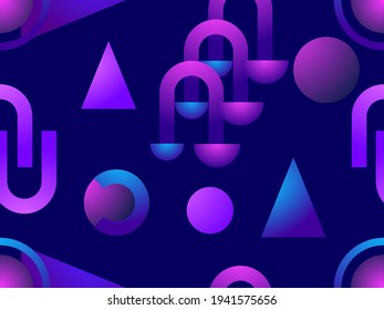 Gradient geometric seamless pattern in 80s style with memphis elements. Synthwave retro background. Retrowave. Background for printing on paper, advertising materials and fabric. Vector illustration