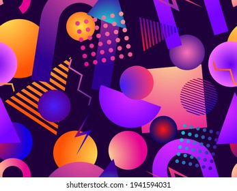 Gradient geometric seamless pattern in 80s style with memphis elements. Synthwave retro background. Retrowave. Background for printing on paper, advertising materials and fabric. Vector illustration