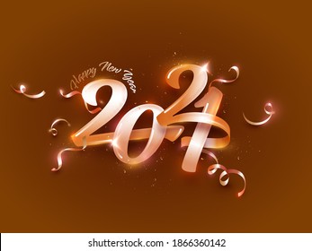 Gradient Glossy 2021 Zahl mit Curl Ribbons auf braunem Hintergrund für glückliches Neujahr.