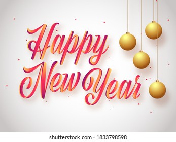 Gradient Glossy Happy New Year Font with Hanging Golden Baubles on White Background.