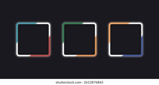 Gradient glowing frames with shadows of different colors isolated on a dark background. Vector 3D illustration.