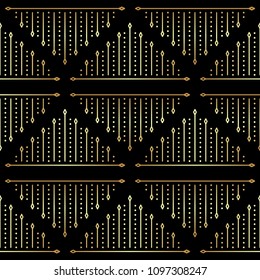 Gradient gold black linear seamless sacred geometry pattern. Golden sacral geometric occult cosmic line art signs for fabric prints, surface textures, cloth design, wrapping. EPS10 vector backdrop. 