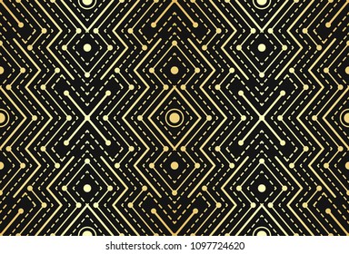 Gradient gold black linear seamless sacred geometry pattern. Golden sacral geometric occult cosmic line art signs for fabric prints, surface textures, cloth design, wrapping. EPS10 vector backdrop. 