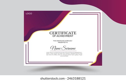 Gradient and gold certificate of achievement template,modern line and shapes. For award, business, and education needs. Diploma vector template