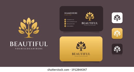 Gradient gold life tree logo design with business card template. Logo can be used for spa, decoration, business, brand, and icon collection