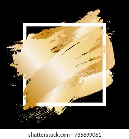 Gradient gold metal strokes with paint brush texture in a white square frame isolated on black background. Vector illustration for sale banner, logo. Design for premium festive card or poster design.