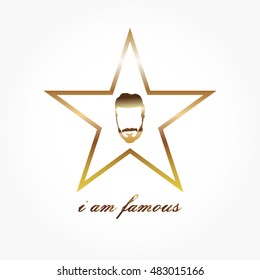 gradient gold star with gradient gold man hairstyle with beard and mustache icon on it.