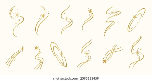 Gradient gold star swirl sparkling galaxy symbol stickers, metallic gradient golden hand drawn shooting star icon elegant logo design templates set