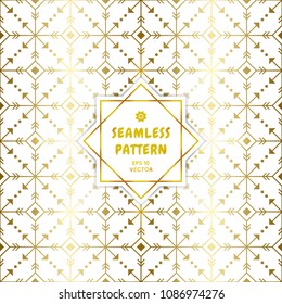 Gradient gold white seamless aztec pattern. Golden arrow geometric occult cosmic line art signs for fabric prints, surface textures, cloth design, wrapping paper. EPS10 vector backdrop. 