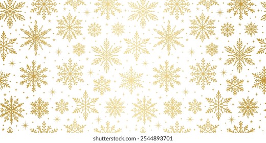 Gradient gold and white seamless repeating snowflake pattern, golden snow background, winter holiday festive wallpaper design