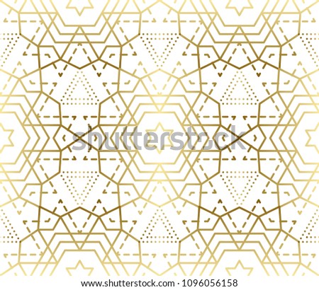 Gradient gold white seamless sacred geometry pattern. Golden sacral geometric occult cosmic line art signs for fabric prints, surface textures, cloth design, wrapping. EPS10 vector backdrop. 