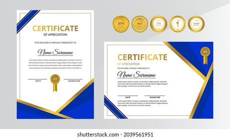 Gradient golden and blue luxury certificate with gold badge set For award, business, and education needs
