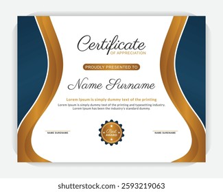 Gradient golden color and dark blue color abstract design template, Elegant and multifunctional multicolored achievement certificate template with a luxurious design
