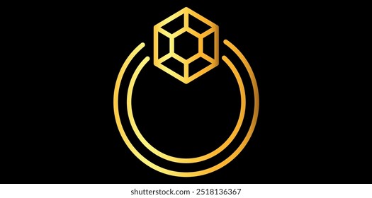 Gradient Golden Diamond Ring Logo On Black Background, Drawing Style Jewelry Logo Vector Illustration.	