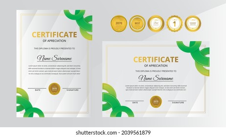 Gradient golden and green luxury certificate with gold badge set For award, business, and education needs