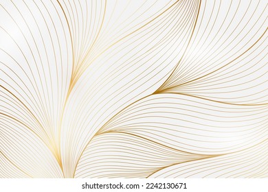 Gradient golden linear background with flroal leaves. Hand drawn luxury golden tropical leaf background. Vector linear illustration of leaves for prints, banner, poster, cover, wallpaper	