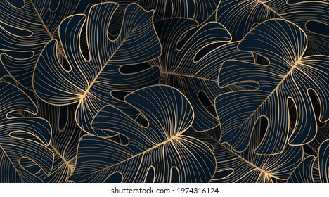 Gradient golden linear background with monstera leaves. Hand drawn luxury golden tropical leaf on dark background. Vector linear illustration of leaves for prints, banner, poster, cover, wallpaper