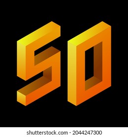 Gradiente dorado número 50 en estilo isométrico. Figura amarilla aislada en el fondo negro. Números de aprendizaje, número de serie, precio, lugar. Ilustración del vector