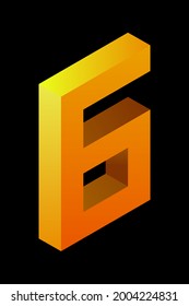 Gradient golden number 6 in isometric style. Yellow figure isolated on black background. Learning numbers, serial number, price, place. Vector illustration