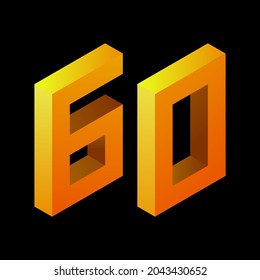 Gradient golden number 60 in isometric style. Yellow figure isolated on black background. Learning numbers, serial number, price, place. Vector illustration