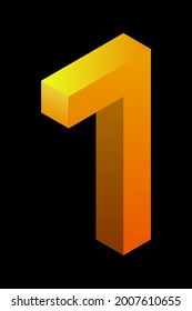 Gradient golden number 7 in isometric style. Yellow figure isolated on black background. Learning numbers, serial number, price, place. Vector illustration