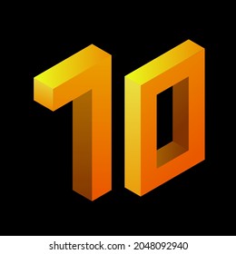Gradient golden number 70 in isometric style. Yellow figure isolated on black background. Learning numbers, serial number, price, place. Vector illustration