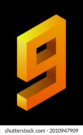 Gradiente dorado número 9 en estilo isométrico. Figura amarilla aislada en el fondo negro. Números de aprendizaje, número de serie, precio, lugar. Ilustración del vector