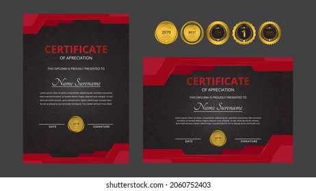 Gradient golden and red luxury certificate with gold badge set For award, business, and education needs