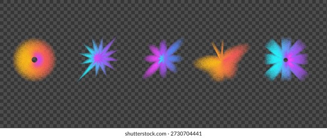 Gradient grain figures. Butterfly, heart, star icons with noise dots and grainy texture. Playful Y2K-inspired neon sticker designs with geometric forms and holographic twinkles. Vector dissolve shapes