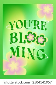 gradient green background Valentine's day card with typography curved words and blooming flowers