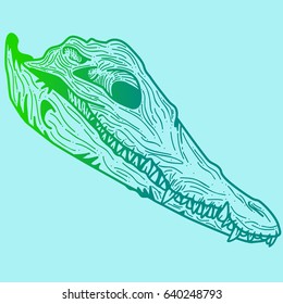gradient green blue skull of a crocodile on a blue background, for printing on T-shirts, website design element, tattoo salon mobile application, vector graphics, pinpoint work sketch
