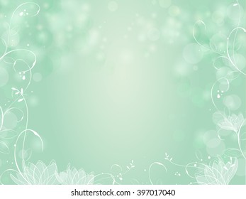 Gradient green bokeh background with border lotus and plants