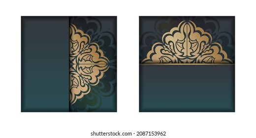 Gradient green card with mandala gold ornament print-ready.