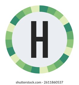 GRADIENT GREEN AND CREAM CIRCLE WITH PROMINENT OLIVE GREEN CAPITAL LETTER “H” IN THE CENTER ON A DARK BLACK BACKGROUND.