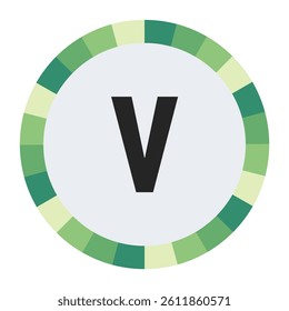 gradient green and cream circle with prominent olive green lowercase letter “v” in the center on a dark black background.