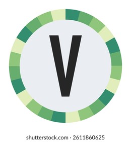 GRADIENT GREEN AND CREAM CIRCLE WITH PROMINENT OLIVE GREEN CAPITAL LETTER “V” IN THE CENTER ON A DARK BLACK BACKGROUND.
