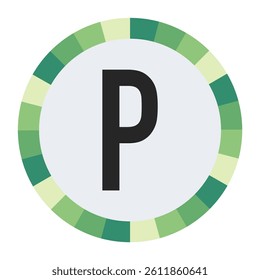 GRADIENT GREEN AND CREAM CIRCLE WITH PROMINENT OLIVE GREEN CAPITAL LETTER “P” IN THE CENTER ON A DARK BLACK BACKGROUND.