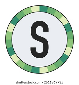 GRADIENT GREEN AND CREAM CIRCLE WITH PROMINENT OLIVE GREEN CAPITAL LETTER “S” IN THE CENTER ON A DARK BLACK BACKGROUND, enclosed in a black frame.