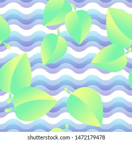 Gradient green leaves on a blue background. Seamless texture.Summer bright trendy wallpaper. Striped gradient background with leaves.Eps10 Vector