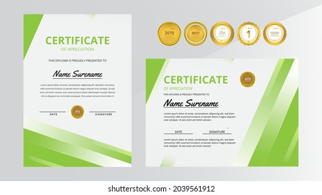 Gradient green luxury certificate with gold badge set For award, business, and education needs